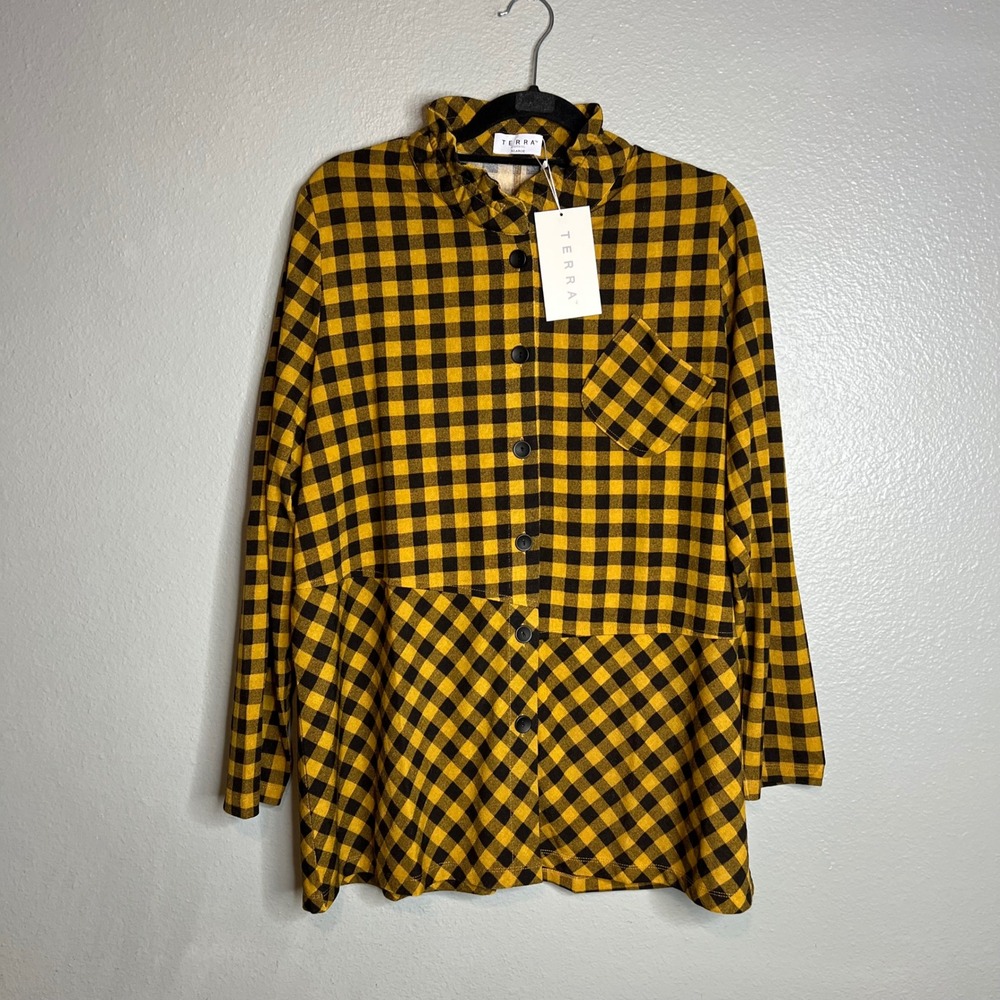 Terra SJ Apparel Artsy Tunic Shirt Size XL Mustard Gingham Plaid Button Up NWT